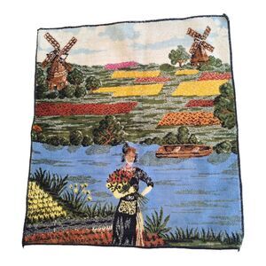 Vintage Dutch Tapestry 18x20 Colorful Windmills River Tulips Holland Netherlands